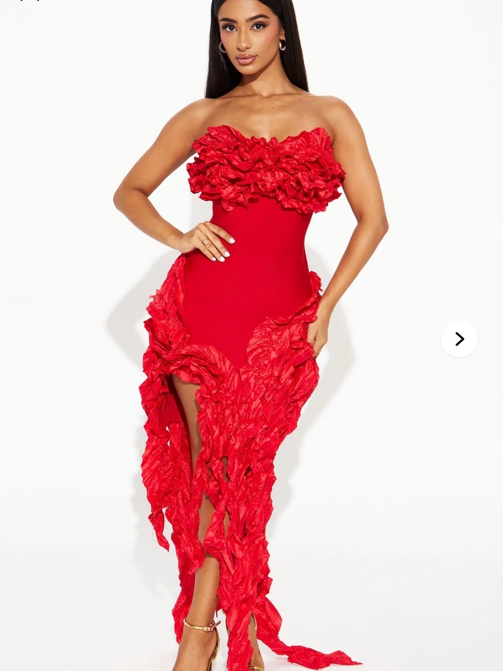 Fashion Nova Red Strapless Ruffle Cascade Gown